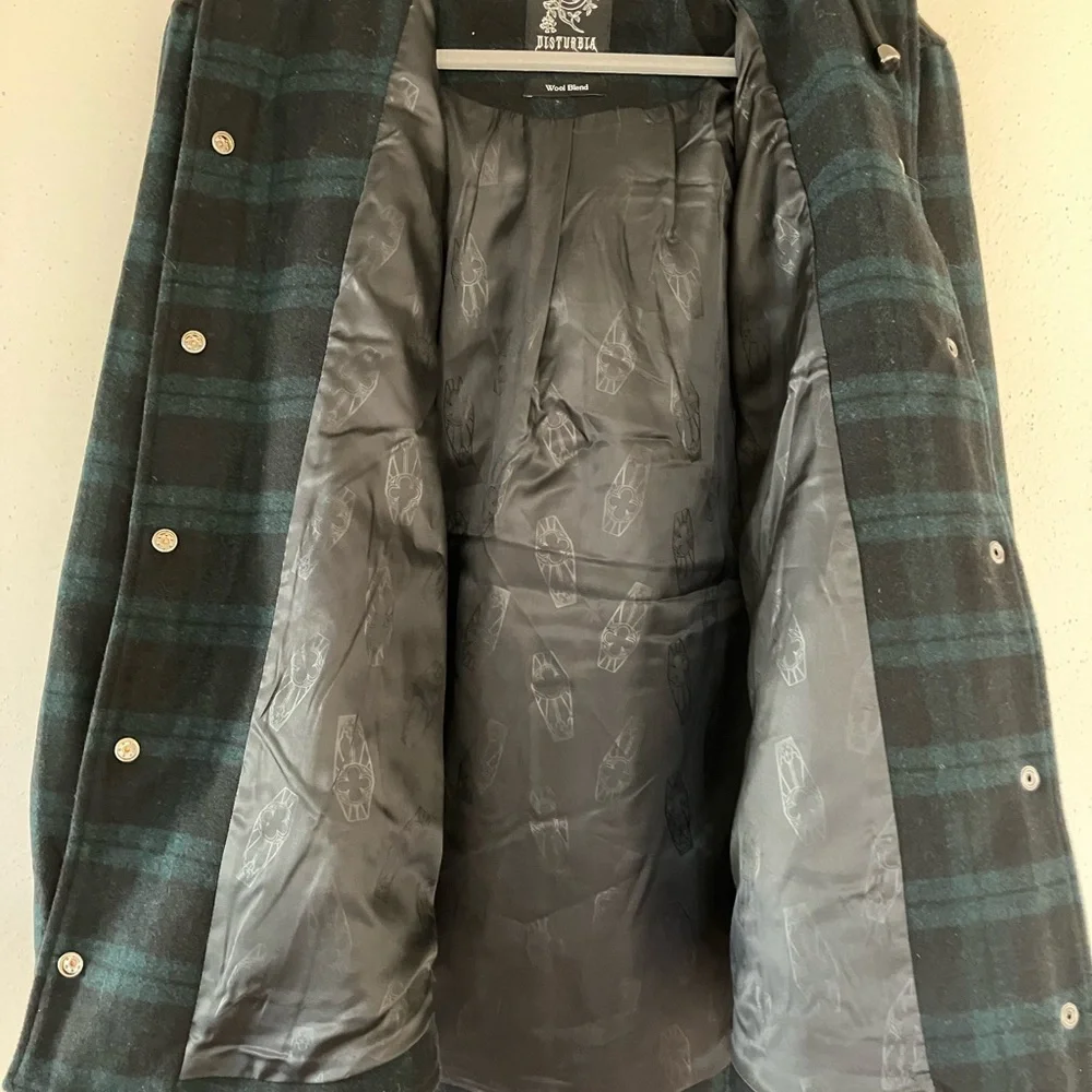 Disturbia Trellis US6 Hooded pocket wool blend plaid check shacket goth - Picture 3 of 7